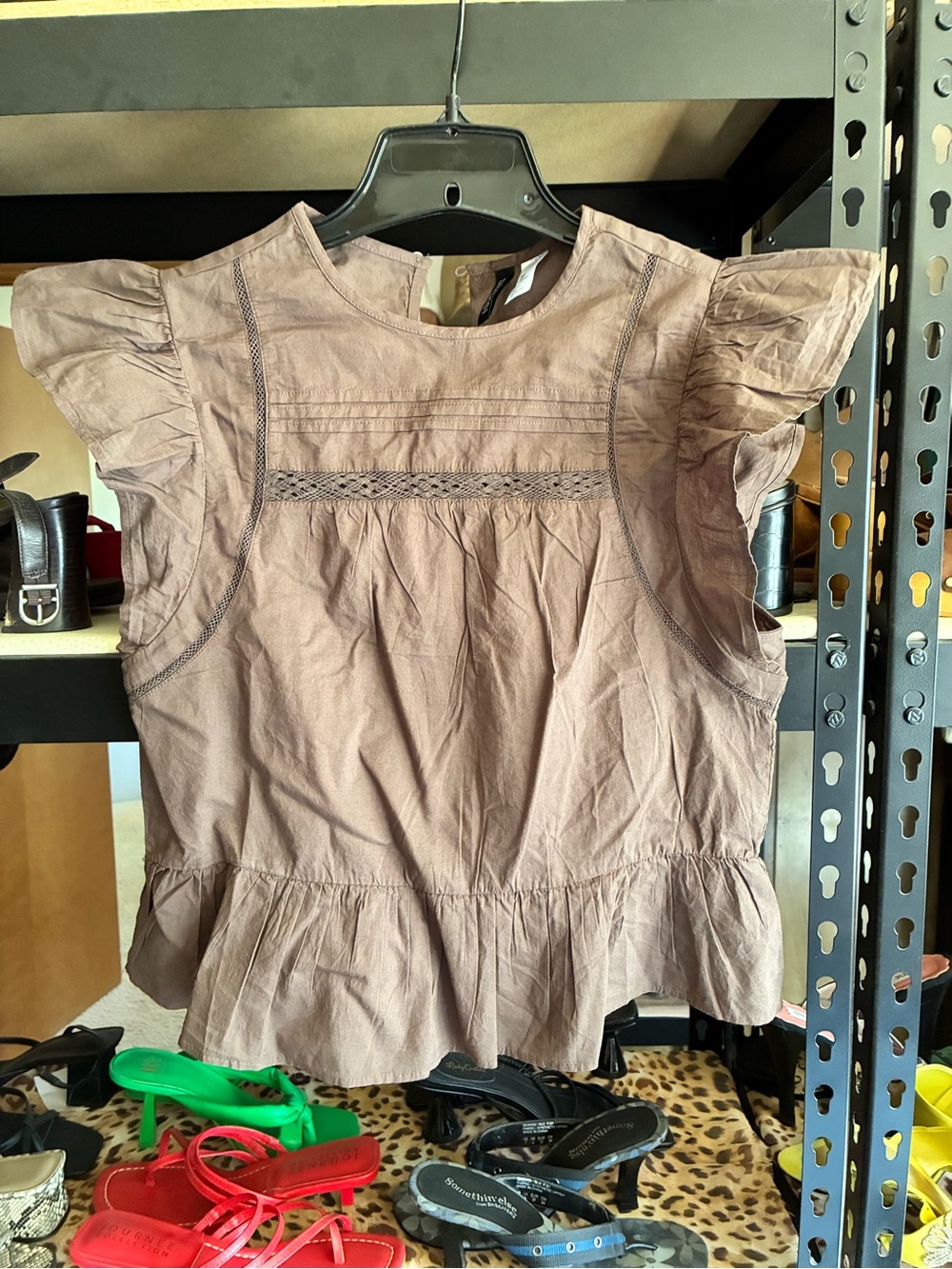 H&M Brown Ruffle Sleeve Cotton Blouse